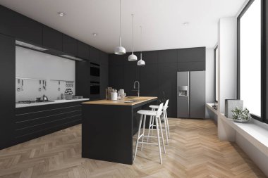 3D render siyah mutfak modern yemek çubuğu