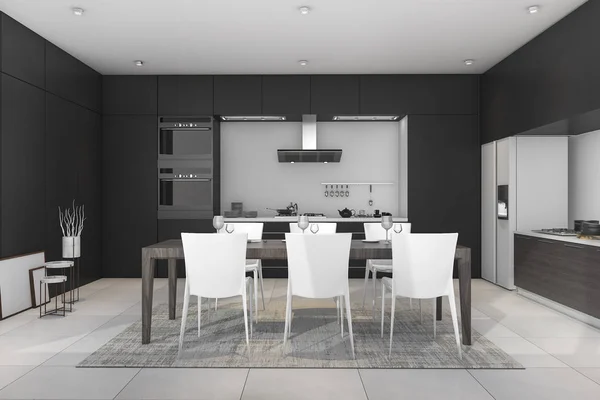 3d rendering black modern dining room and kitchen — Stock Photo, Image