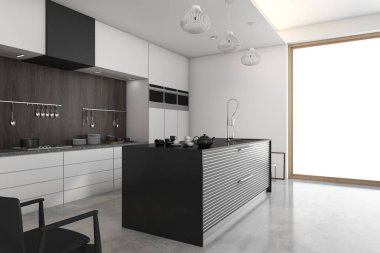 3D render loft modern mutfak pencere yakınındaki