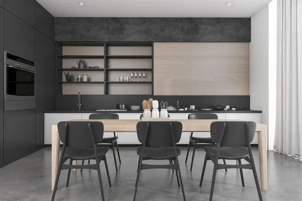 3d renderizado loft de madera negra comedor y cocina — Foto de Stock