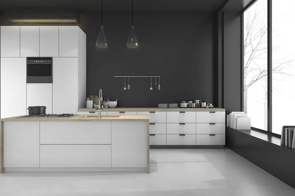 在冬天的 3d 呈现现代阁楼黑色厨房和饭厅 — 图库照片