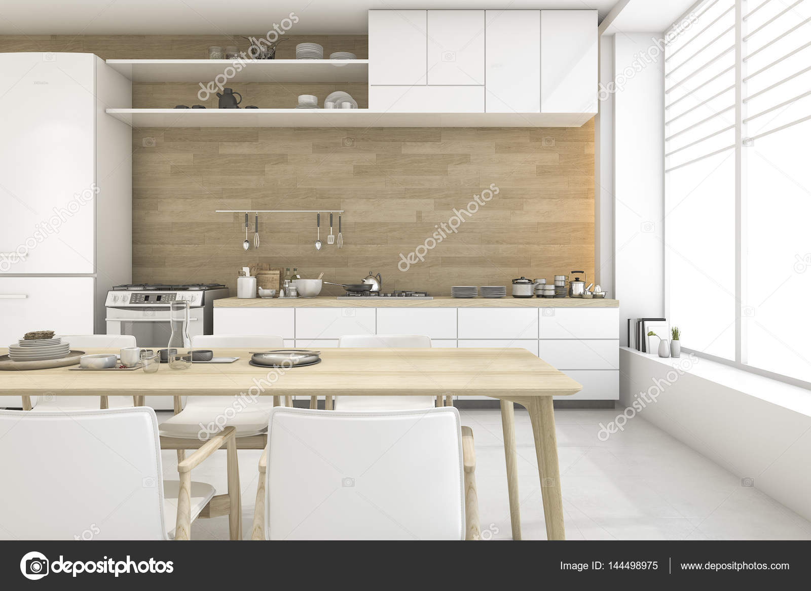 3D Rendering weißen skandinavischen Stil Esszimmer und Küche ... 3D Rendering weißen skandinavischen Stil Esszimmer und Küche ...