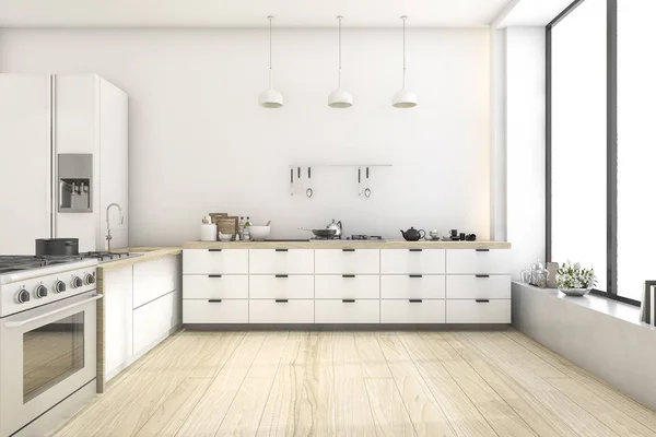 lamba ile 3D işleme beyaz İskandinav tarzı mutfak