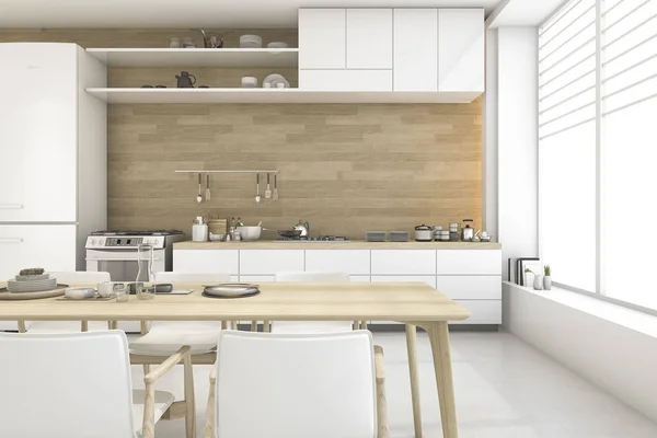 3d renderizado blanco estilo escandinavo comedor y cocina —  Fotos de Stock