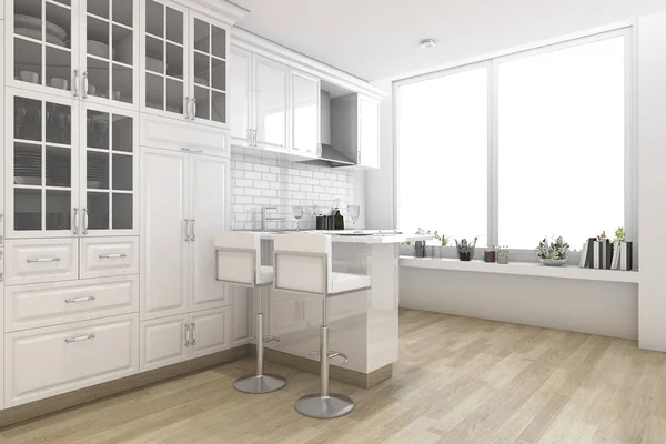 3d renderizado blanco estilo escandinavo cocina y comedor — Foto de Stock