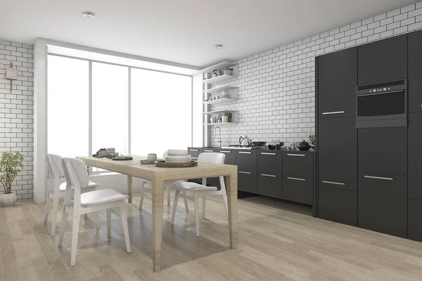 3D рендеринг современной деревянной кухни с черным встроенным в — стоковое фото