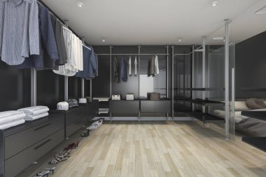 3D render loft karanlık yürümek dolap ve oturma odası