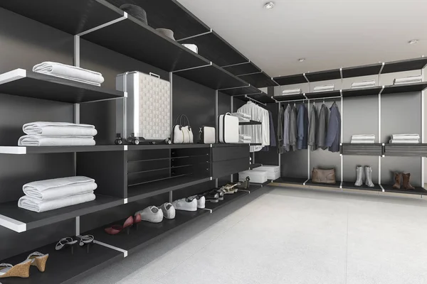 3D Czarny nowoczesny renderowania spacer w szafie z koszula i sukienka — Zdjęcie stockowe