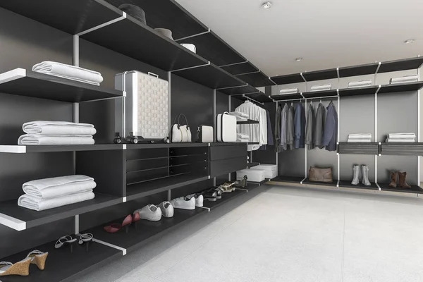 3d renderizado moderno negro walk in closet con camisa y vestido — Foto de Stock