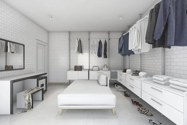 3d 렌더링 최소한의 흰색 벽돌 룸 메이크업 및 옷장에 걸어 — 스톡 사진