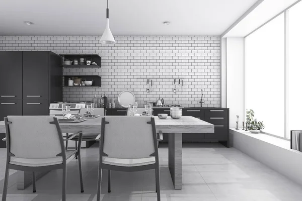 3D-s renderelés szép fehér tégla, konyha és étkező — Stock Fotó