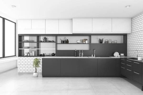 3D рендеринг черная кухня с кирпичной стеной — стоковое фото