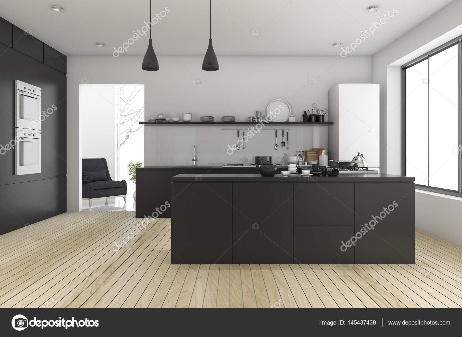 3d Cozinha M Nima De Renderiza O Preto Perto Da Sala De Estar 3d Cozinha M Nima De Renderiza O Preto Perto Da Sala De Estar
