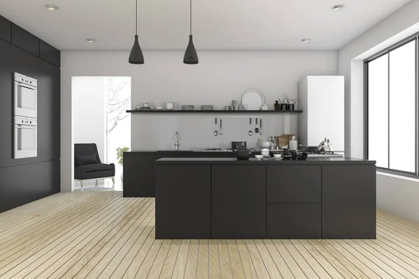 3d render hitam minimal dapur dekat ruang tamu — Stok Foto
