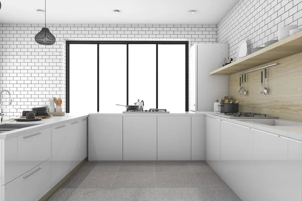 3d renderizado cocina mínima blanca con estilo escandinavo —  Fotos de Stock