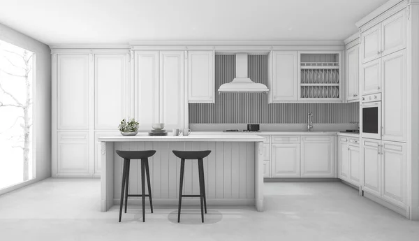 3d renderizado cocina clásica blanca — Foto de Stock