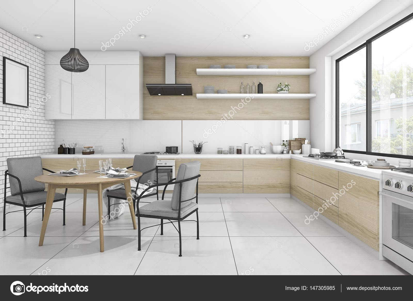 3D cocina vintage de representación blanco con mesa de comedor y ... 3D cocina vintage de representación blanco con mesa de comedor y ...
