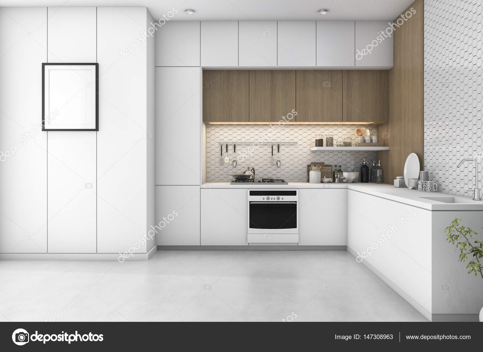 3d Rendering White Minimal Kitchen With Wood Decoration Stock Photo Image By Dit26978 147308963