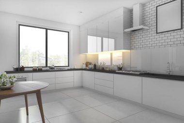 3D render beyaz en az mutfak yemek masası ile
