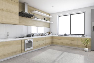 3D render beyaz en az mutfak ahşap dekorasyonu yapılı içinde ile