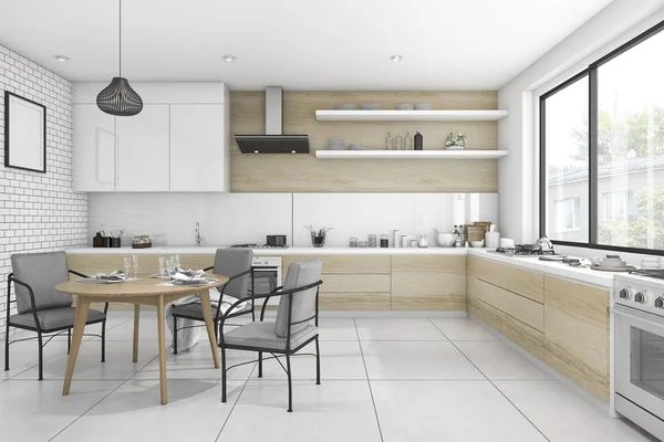 3d rendering bianco cucina vintage con tavolo da pranzo e sedia — Foto Stock