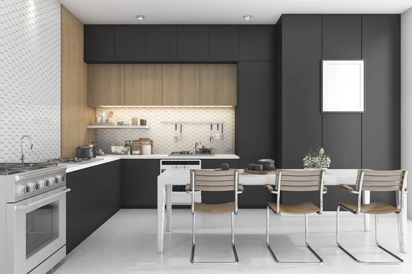 3d renderizado cocina negra con diseño de madera —  Fotos de Stock