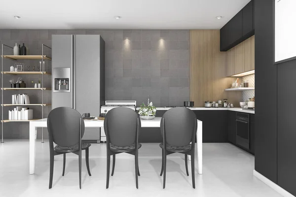3d renderizado negro decoración cocina con diseño de madera —  Fotos de Stock