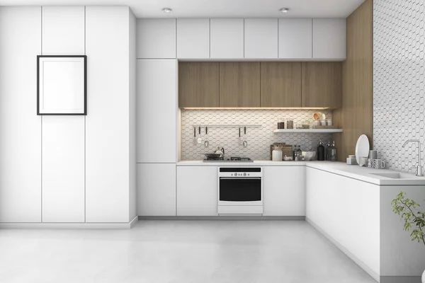 3D render beyaz en az mutfak ahşap dekorasyon ile