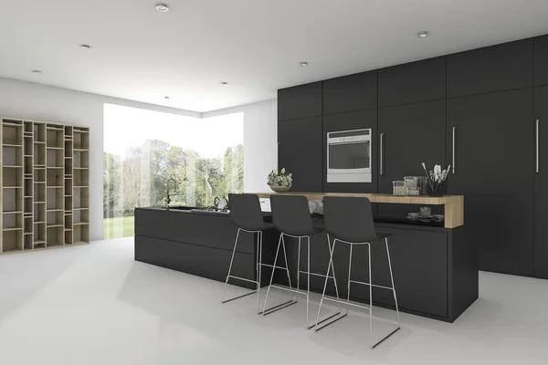 3d render dapur hitam dengan tampilan dari jendela — Stok Foto