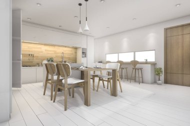 3D render beyaz mutfak ile bar ve yemek masası