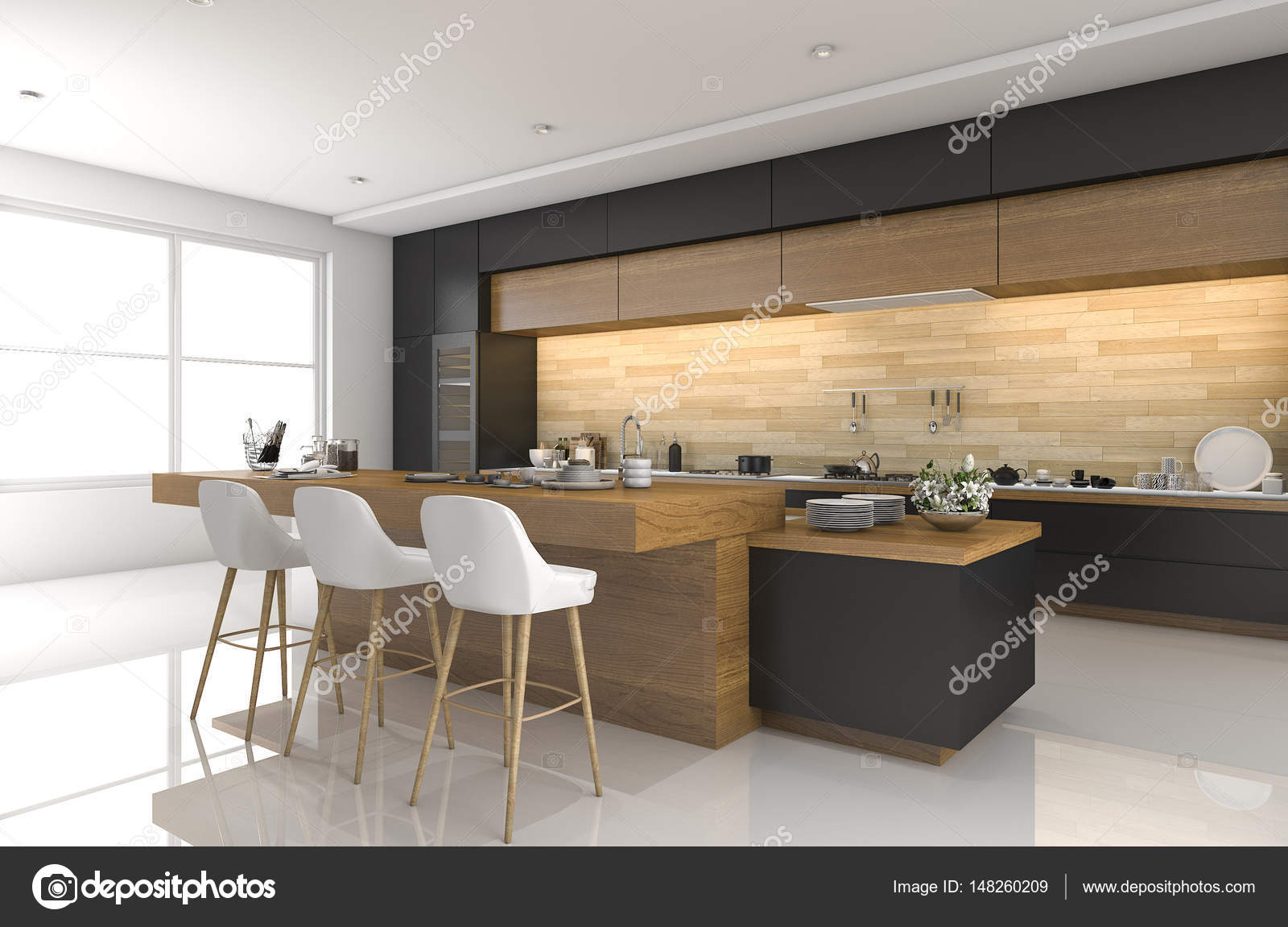 3d rendering moderne zwarte keuken met hout decor — stockfoto ... Moderne zwarte keuken