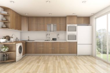 3D render ahşap Çamaşırhane ve mutfak
