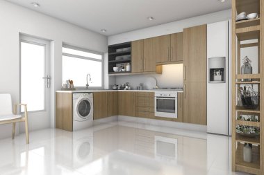 3D render ahşap modern çamaşır odası ve mutfak
