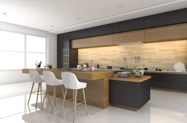 3d rendering modern black kitchen with wood decor — Stock Photo, Image