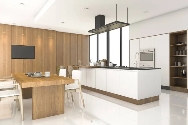 3d representación cocina de madera con decoración blanca cerca de la ventana —  Fotos de Stock