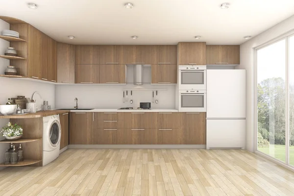 3d renderizado de madera lavandería y cocina —  Fotos de Stock