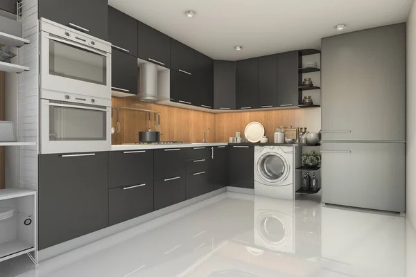 3d rendering soppalco moderna cucina nera con lavatrice — Foto Stock