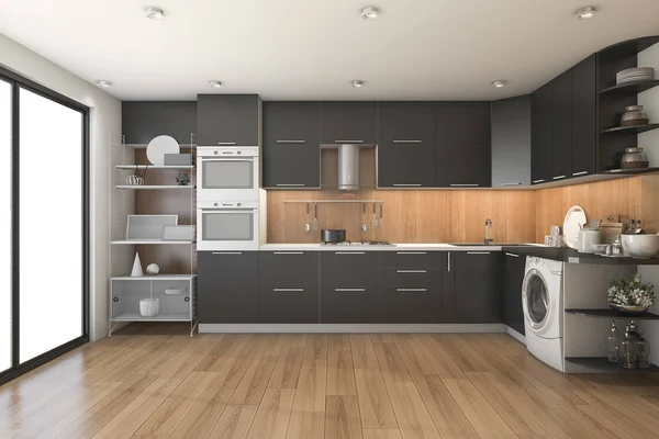 3D renderização loft moderna cozinha preta com decoração de madeira — Fotografia de Stock