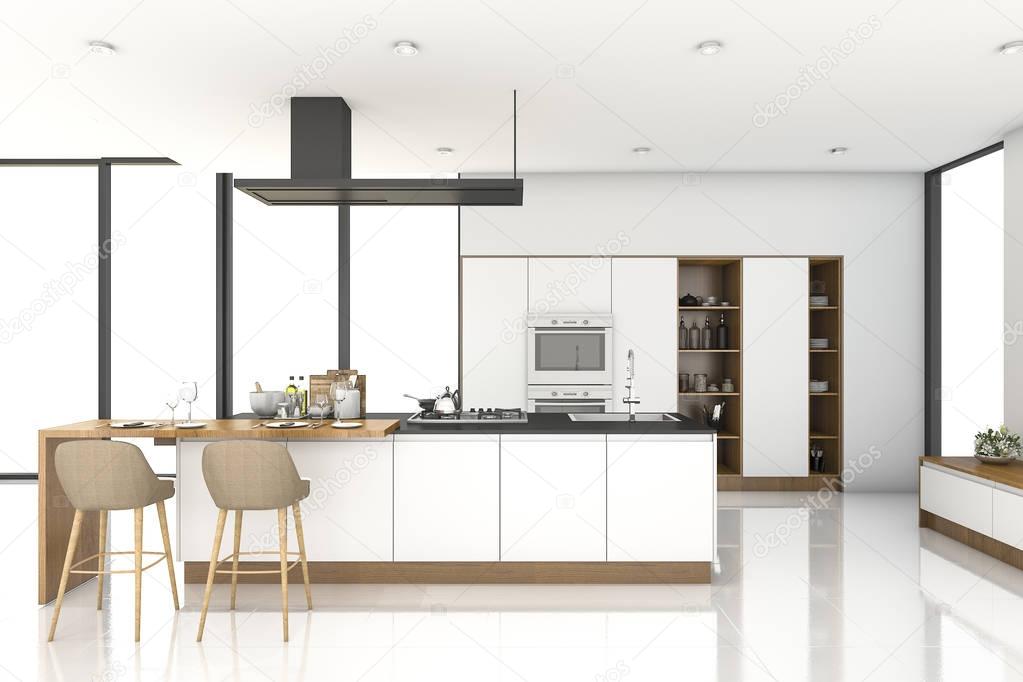 3d rendering white modern kitchen near window