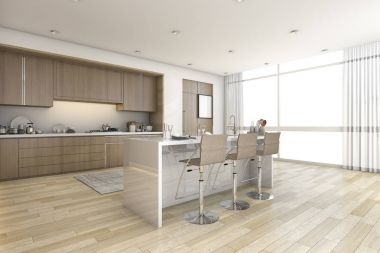 3D render ahşap bar mutfak pencere yakınındaki
