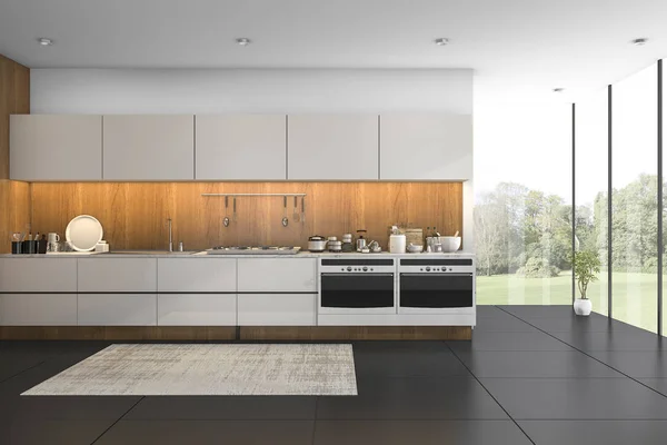 3D Render güzel görünüm Ahşap mutfak siyah çini ile