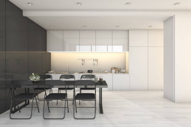 3D render beyaz modern mutfak ve salon bölge yemek odası