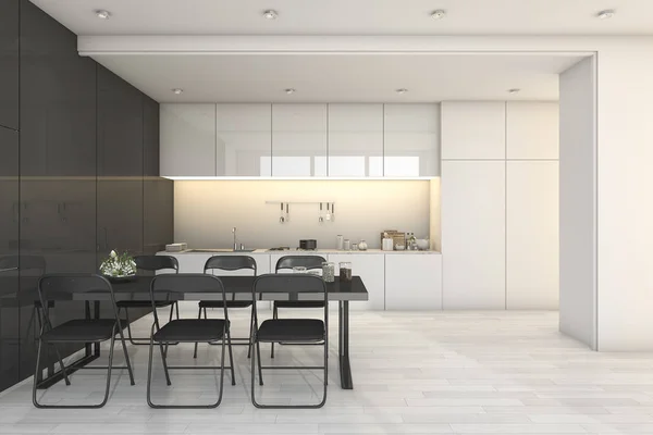 3d renderizado blanco cocina moderna y sala de estar con zona de comedor — Foto de Stock