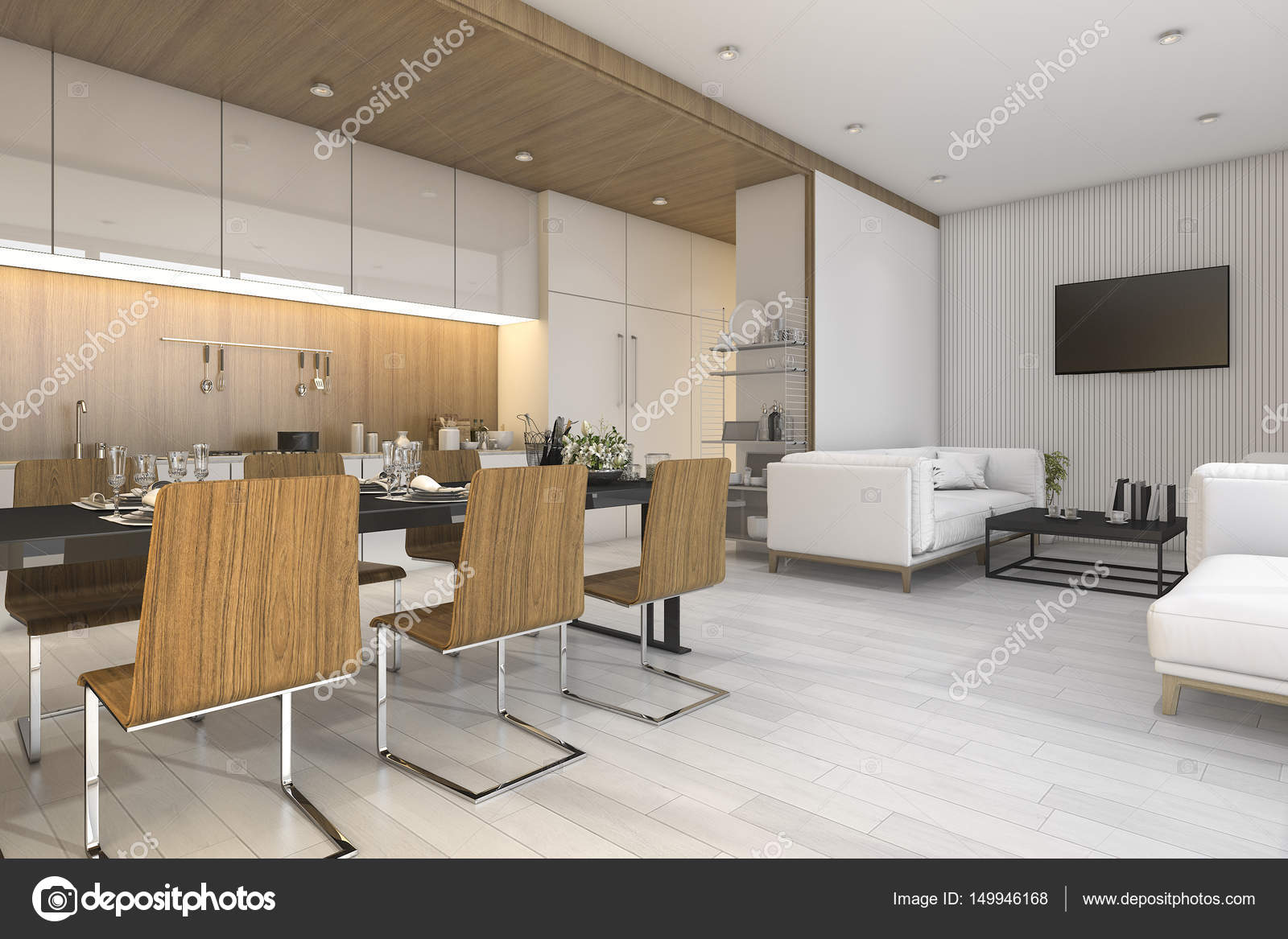 3D rendering di legno bella cucina e sala da pranzo con zona living ... 3D rendering di legno bella cucina e sala da pranzo con zona living ...
