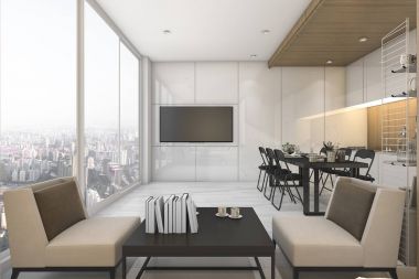 3D Render güzel görünüm mutfak ve oturma odası condominium
