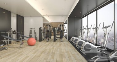 3D işleme modern ahşap ve siyah dekor spor salonu ve fitness güzel manzaralı