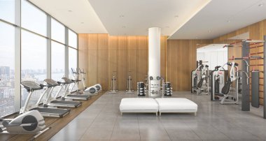 3D işleme modern ahşap spor salonu ve fitness şehir ile görüntüleme