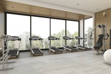 3D Render güzel Bahçe Manzaralı ahşap spor salonu ve fitness