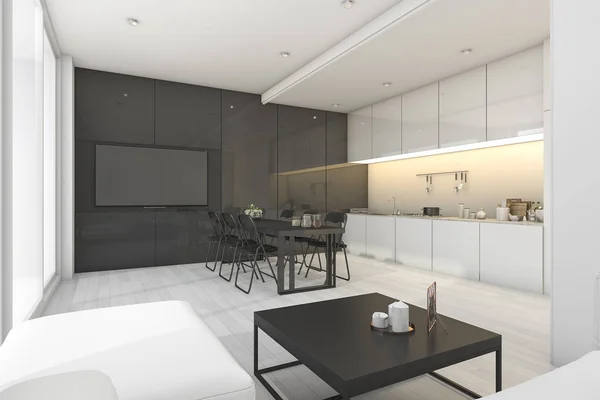 3D renderowania nowoczesne biały i czarny pokój dzienny z kuchnią — Zdjęcie stockowe