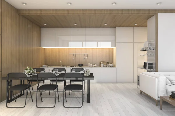 3d renderizado cocina de madera agradable con sofá blanco y zona de comedor —  Fotos de Stock